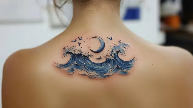 Faszinierende Wellen- und Mondtätowierung auf dem Rücken