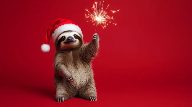 Faultier mit Weihnachtsmütze und Wunderkerze vor rotem Hintergrund