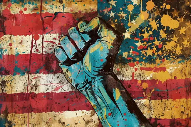 Faust in den Nationalfarben vor abstrakter Flaggenkulisse