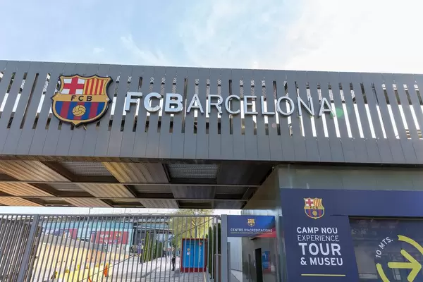 FC Barcelona logo at the entrance of Europe's largest football stadium "Camp Nou",next to its Museum in Spain