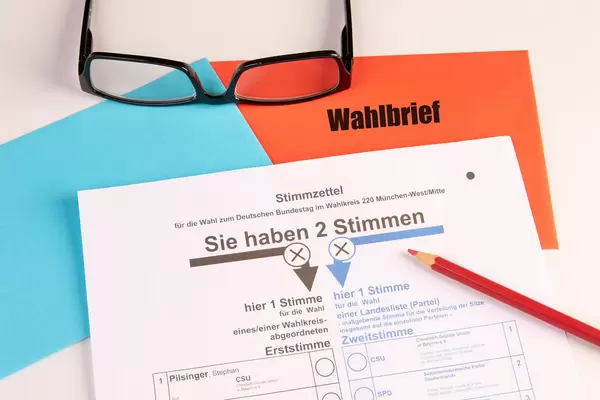 Federal German elections 2021. Vote label and envelops for the postal voting.