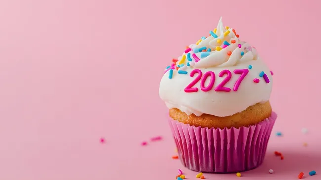Feier-Cupcake mit 2027-Schriftzug auf rosa Hintergrund