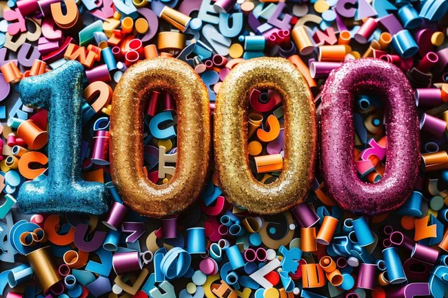 Feier zum 100. Jahrestag mit bunten Konfetti und Glitzerballons