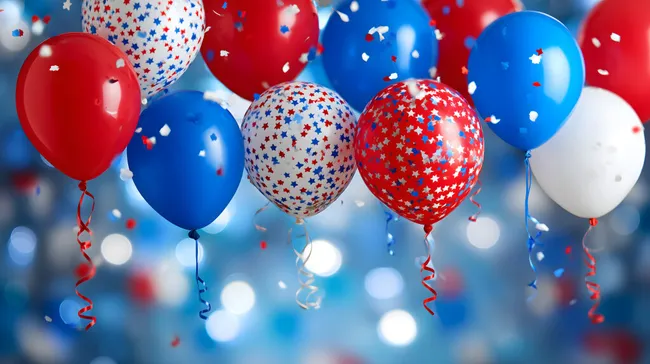 Feierliche Ballons in rot, weiß und blau mit Konfetti