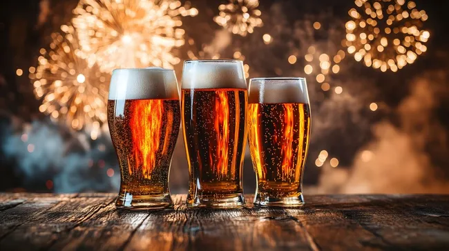 Feierliche Biergläser vor Feuerwerk-Kulisse