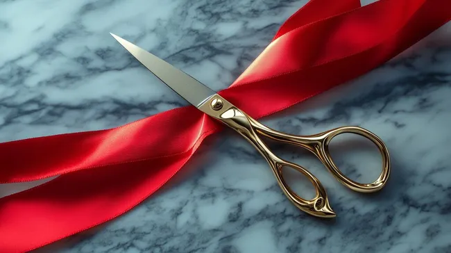Feierliche Eröffnung mit goldener Schere und rotem Band