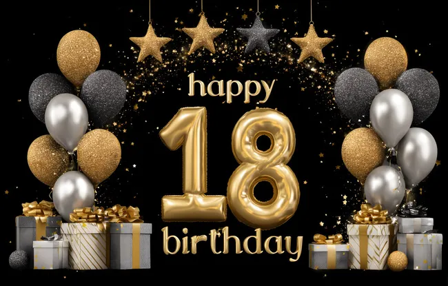 Feierliche Goldene 18. Geburtstag Dekoration mit Ballons und Geschenken