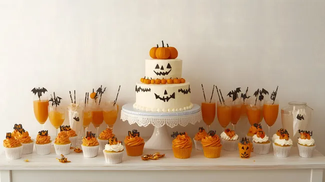 Feierliche Halloween-Süßigkeiten-Komposition mit Kürbiskuchen