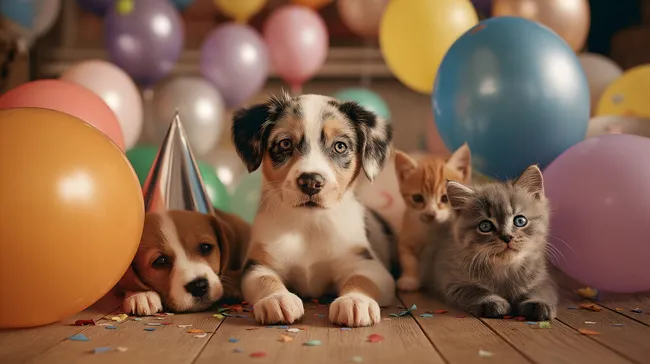 Feierliche Haustierparty mit Welpen und Kätzchen