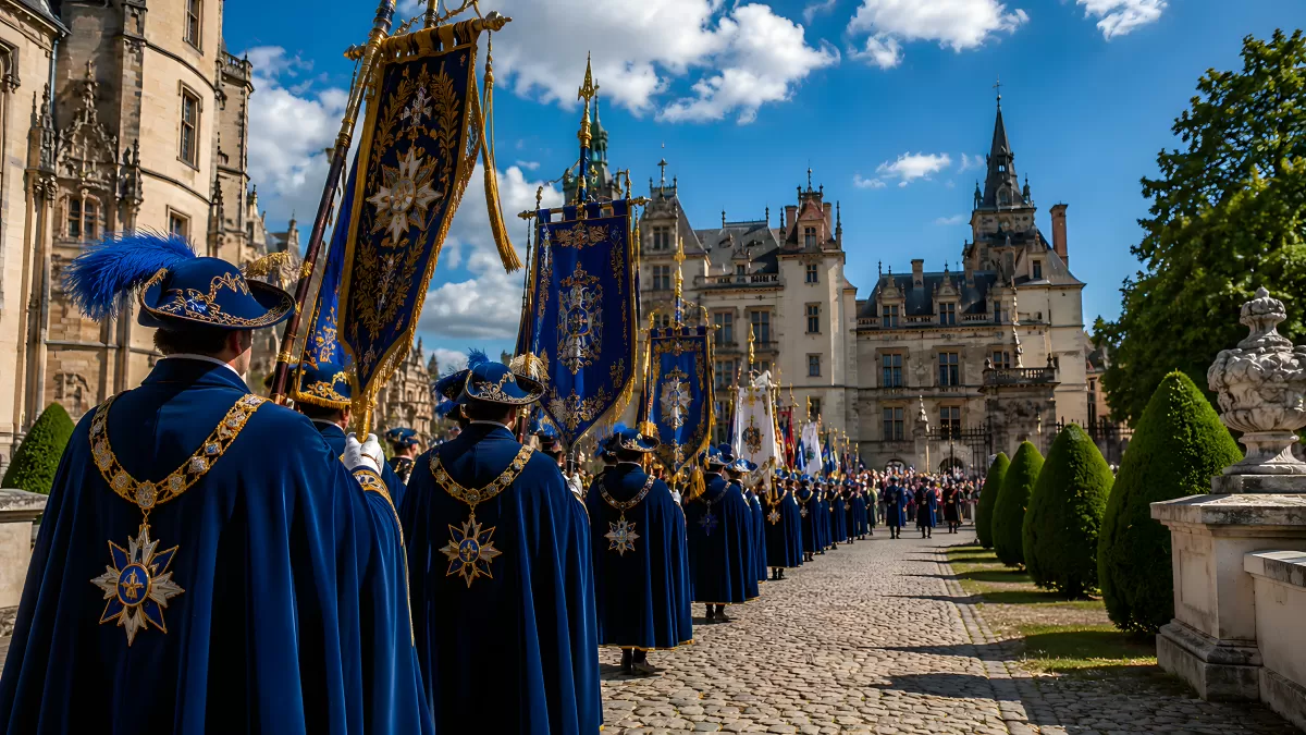 Feierliche Ordensprozession vor historischem Schloss