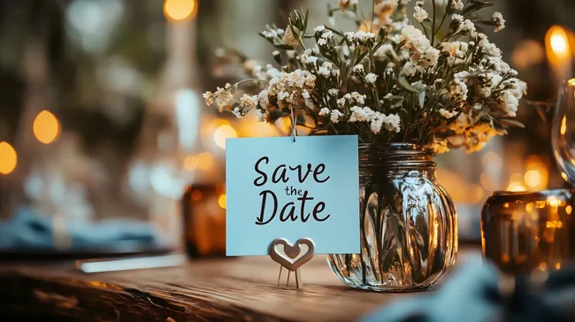 Feierliche Save-the-Date-Karte mit Blumenarrangement und Kerzenschein