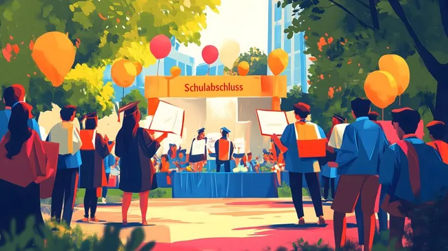 Feierliche Schulabschlussfeier mit Luftballons und Studenten