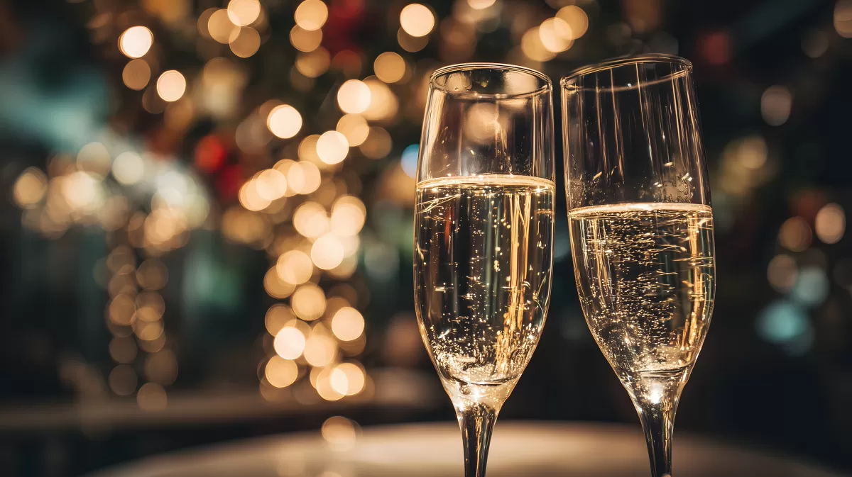 Feierliche Sektgläser vor funkelndem Weihnachtsbaum