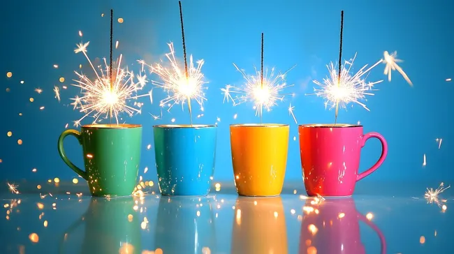 Feierliche Tassen mit Wunderkerzen vor strahlendem Hintergrund