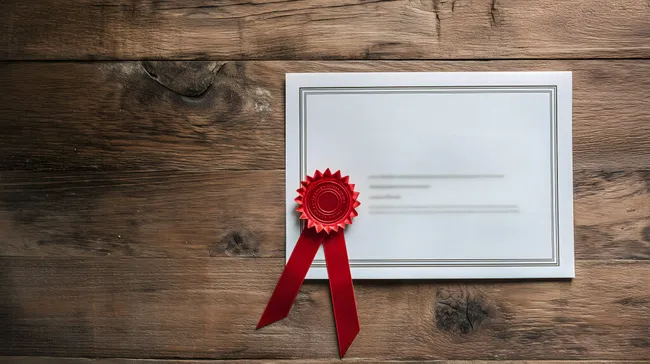 Feierliche Urkunde mit roter Siegel-Auszeichnung auf Holzbrett