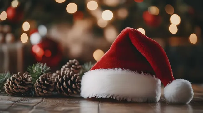 Feierliche Weihnachtsmütze auf rustikalem Holztisch