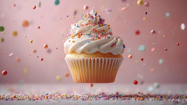 Feierlicher Cupcake mit bunten Streuseln und cremiger Verzierung