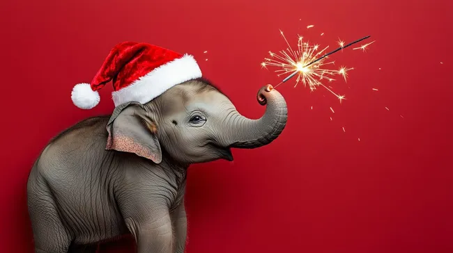 Feierlicher Elefant mit Weihnachtsmütze und Wunderkerze