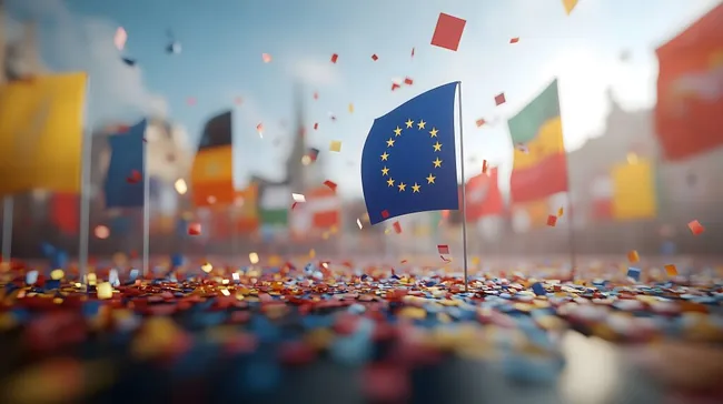 Feierlicher EU-Flaggen-Hintergrund mit Konfetti