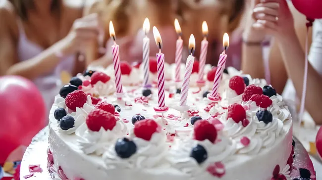 Feierlicher Geburtstagskuchen mit Früchten und Kerzen
