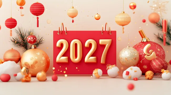 Feierlicher Jahreswechsel 2027 mit Weihnachtskugeln und Laternen