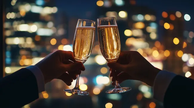 Feierliches Anstoßen mit Champagnergläsern in der Stadt