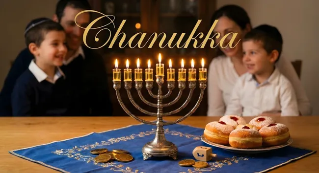 Feiern der jüdischen Tradition Chanukka mit Menora und Familie