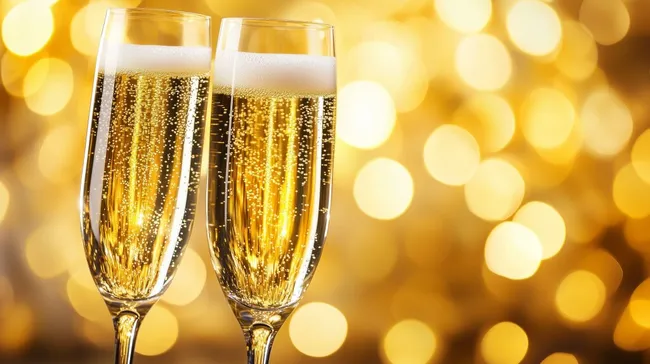 Feiern mit funkelnden Sektgläsern vor goldenen Lichtern