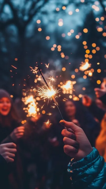 Feiernde Freunde mit funkelnden Wunderkerzen bei Nacht
