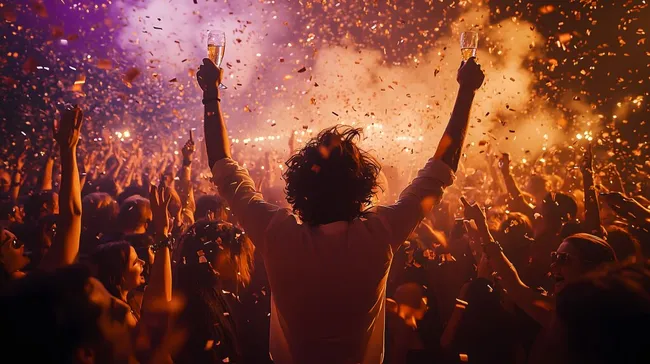 Feiernde Menge bei Silvesterparty mit Konfetti und Sekt