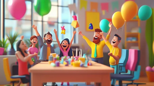 Feiernde Mitarbeiter im bunten Büroambiente