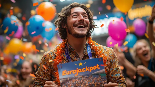 Feiernder Mann mit Konfetti und Luftballons bei Eurojackpot-Gewinnfeier
