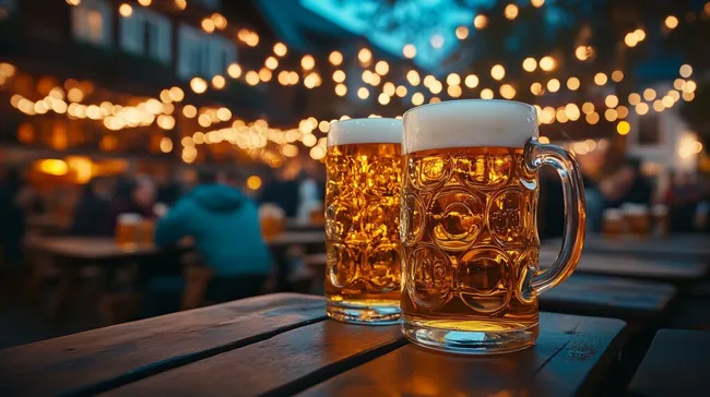 Feiertagsatmosphäre im beleuchteten Biergarten