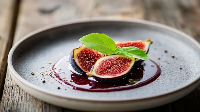 Feigen auf eleganter Tellerpräsentation mit Früchtesauce