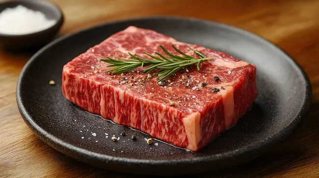 Fein marmoriertes Rindfleisch auf dunklem Teller