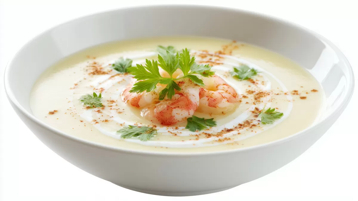 Feine Blumenkohl Cremesuppe mit Garnelen garniert