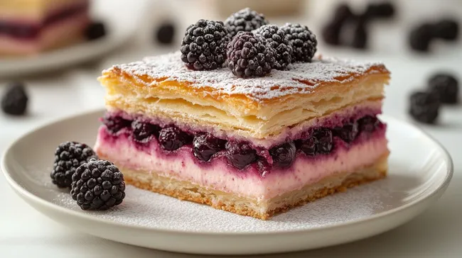 Feiner Blätterteigkuchen mit Brombeeren und Puderzucker