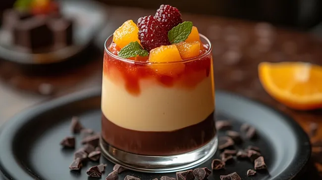 Feiner Dessert-Cocktail mit Früchten und Schokolade