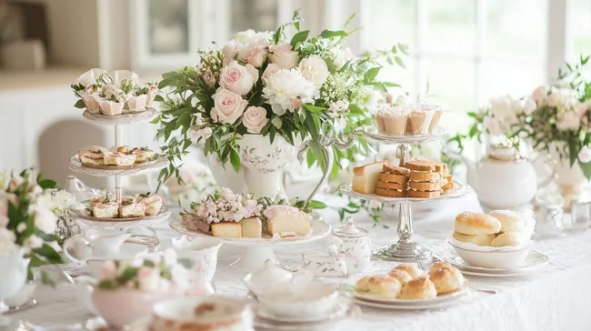Feines, elegantes Kaffeetisch-Arrangement mit Blumen und Backwaren