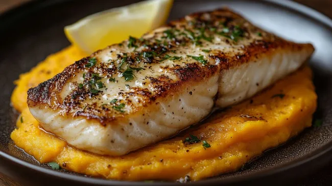 Feines Kabeljaufilet mit saftiger Süßkartoffel-Creme