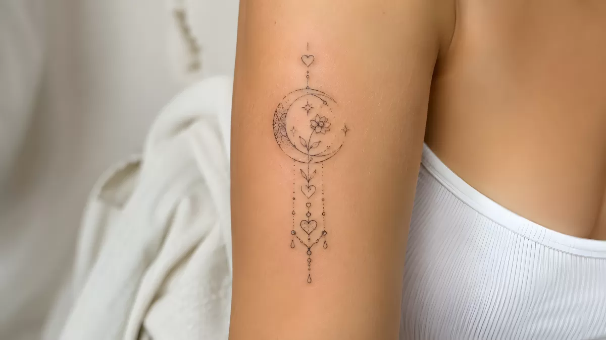 Feines Mond-Tattoo mit Blumen und Herzen am Oberarm