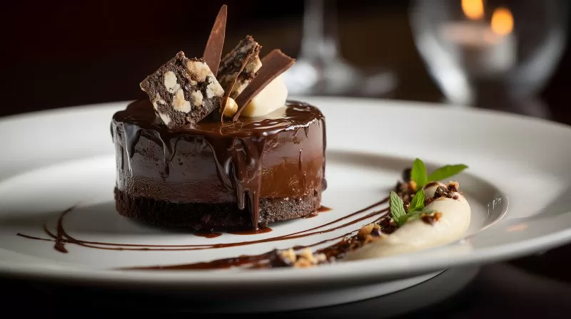 Feines Schokoladendessert mit Nussstücken und Minze