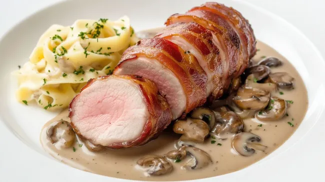 Feines Schweinefilet im Speckmantel mit cremiger Pilzsauce