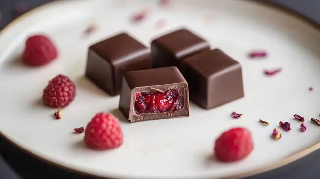 Feinherbe Schokoladenwürfel mit Himbeerragout