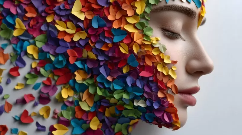 Female face with colorful paper butterflies