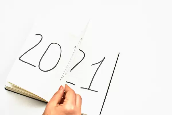 Female hand flips 2020 year. Coming new year symbol