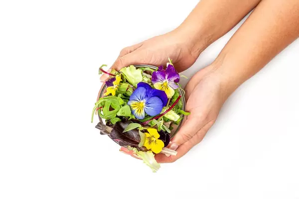Female hands hold a glass bowl with lettuce leaves, arugula and flowers on a white background (Flip 2019)