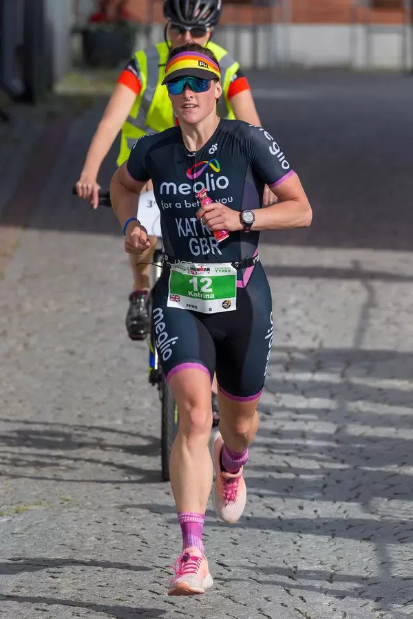 Female profi athlete Katrina Rye runs for silver for women at the Ironman 70.3 triathlon in Lahti, Finnland