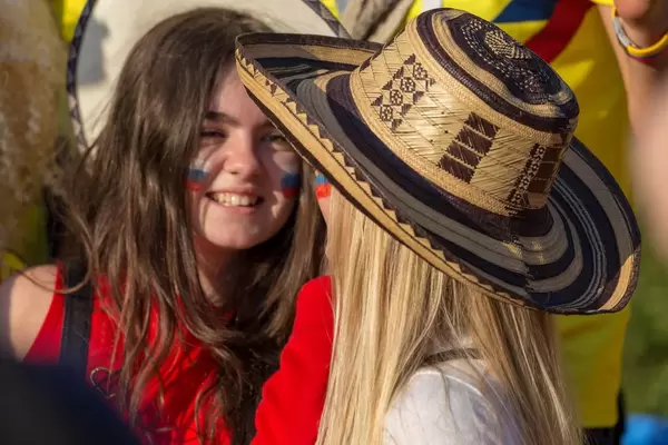 Female soccer fan from Colombia wearing a Sombrero vueltiao