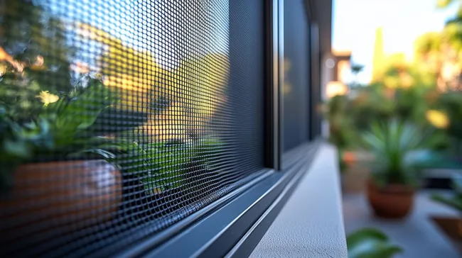 Fenster mit Insektenschutzgitter vor Gartenidylle